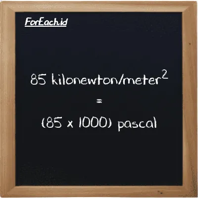 How to convert kilonewton/meter<sup>2</sup> to pascal: 85 kilonewton/meter<sup>2</sup> (kN/m<sup>2</sup>) is equivalent to 85 times 1000 pascal (Pa)